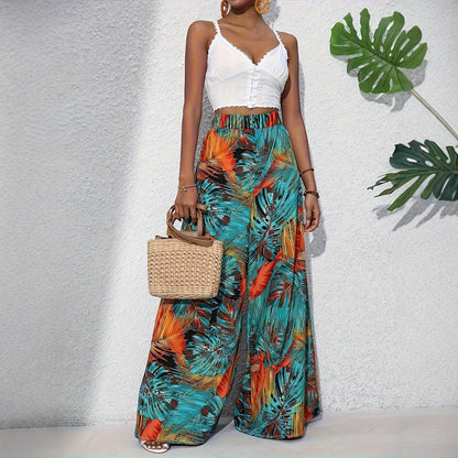 Palazzo Pants for Women with a Lively Palm Pattern and an Elastic High Waist Chic and Style
