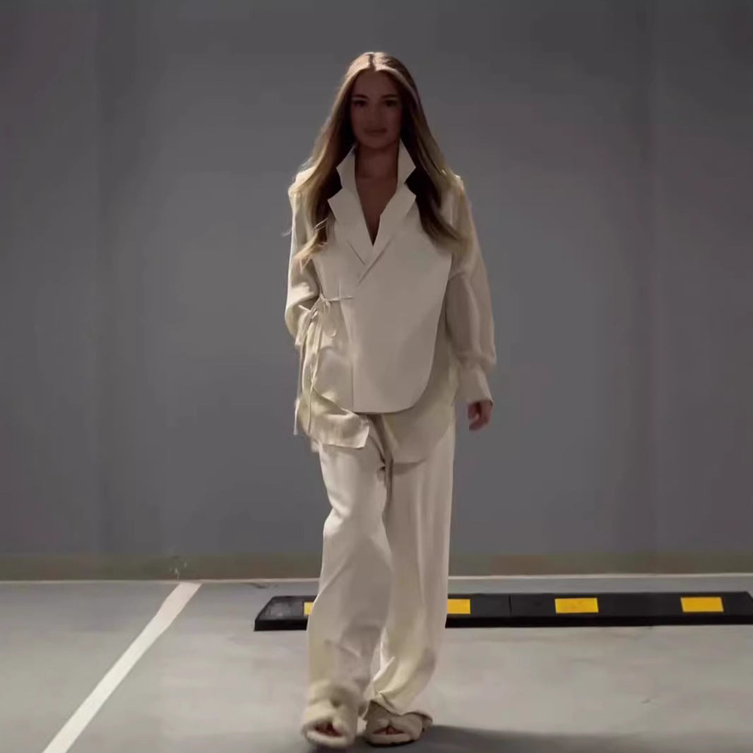 Dames Élégant ensemble de blazer enroulé avec pantalons larges Chic und Stil