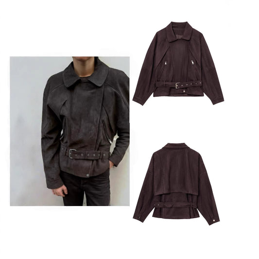 Dames Élégante Veste en Daim avec Boucles à la Mode et Poches Pratiques Chic und Stil