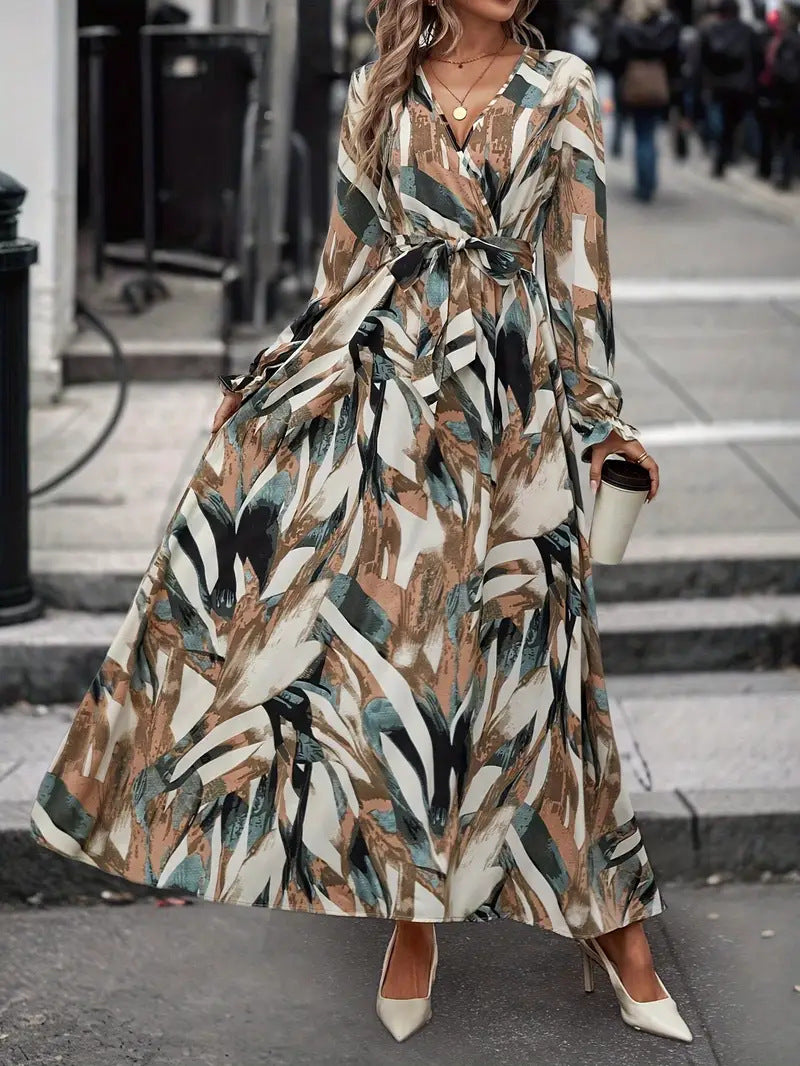 Dames Élégante Robe Maxi avec Imprimé Floral et Ceinture Chic und Stil