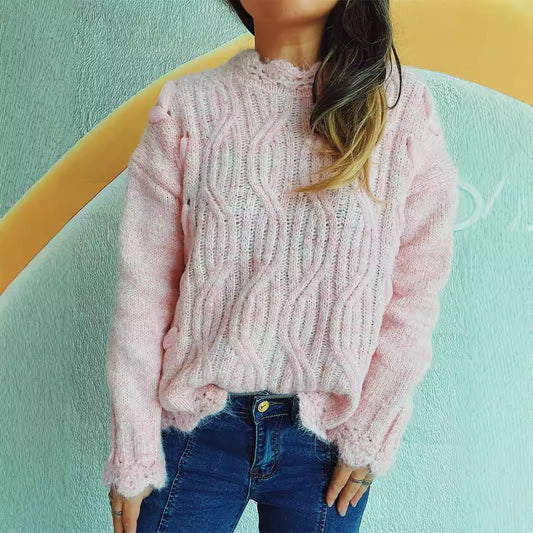 Pull en grosse maille pour femmes avec motif ondulé romantique et manches volumineuses Chic und Stil