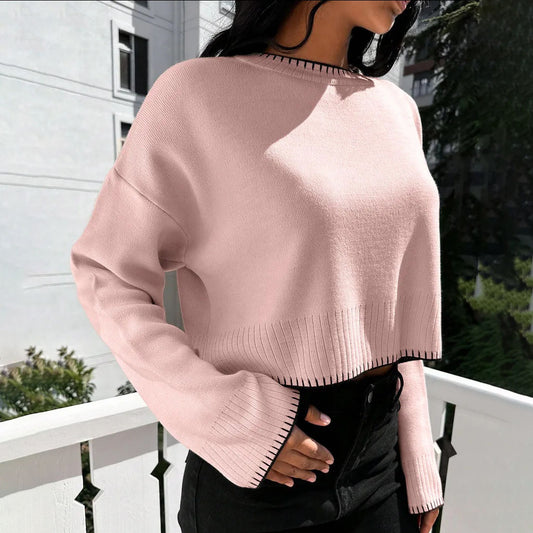 Femme pull court décontracté avec une fine structure en côtes et une taille élastique Chic und Stil