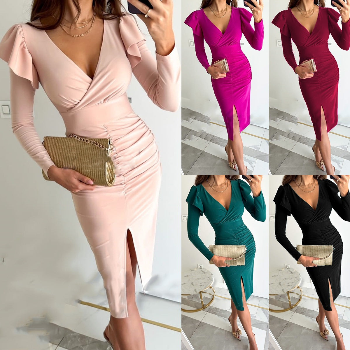 Elegant Women's Long Sleeve Ruffled Midi Dress with Slit Chic and Stylish