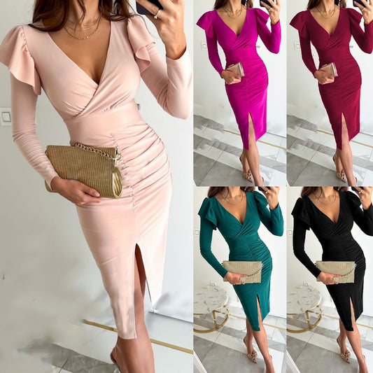 Elegant Women's Long Sleeve Ruffled Midi Dress with Slit Chic and Stylish