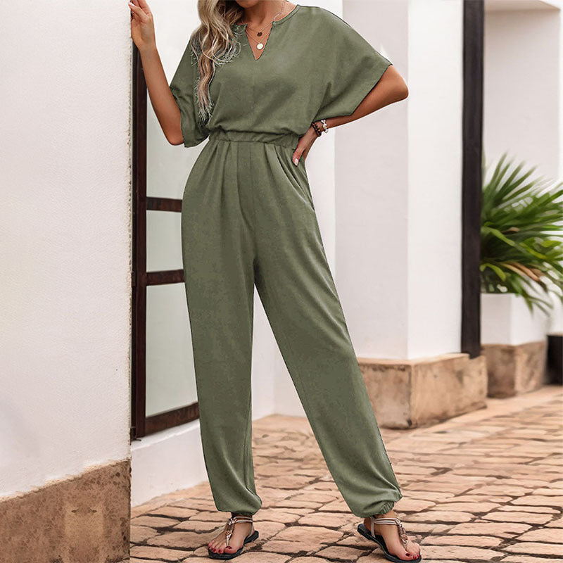 Dames Jumpsuit élégant à décolleté en V avec taille élastique et jambes larges Chic und Stil