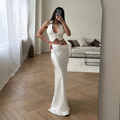 Dames Élégant Robe Maxi avec design sans épaules et finition soyeuse Chic und Stil