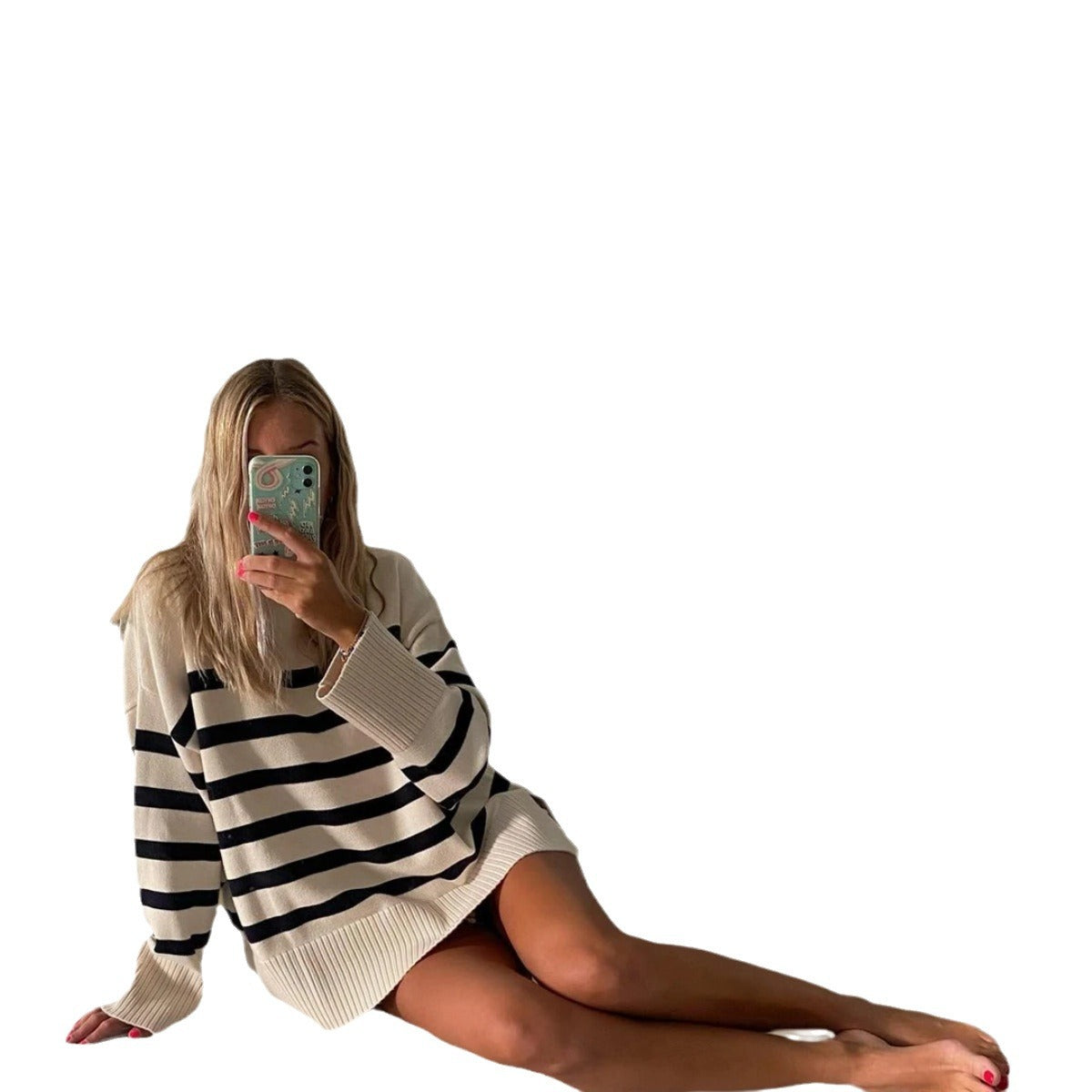 Pull en tricot surdimensionné pour femmes avec col haut et motif rayé tendance Chic und Stil