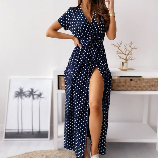 Robe Maxi à Pois pour Femmes avec Fente Haute et Ceinture Chic und Stil