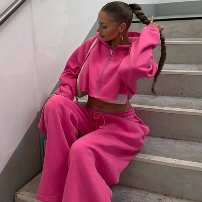 Dames Combinaison de sport à capuche avec haut court et pantalons amples Chic und Stil