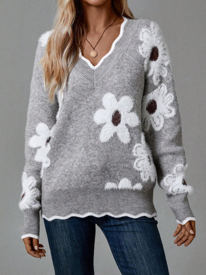 Pull en tricot pour femmes avec design floral et col en V Chic und Stil