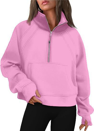 Dames pull-over mi-zip moelleux avec capuche et poche kangourou Chic und Stil