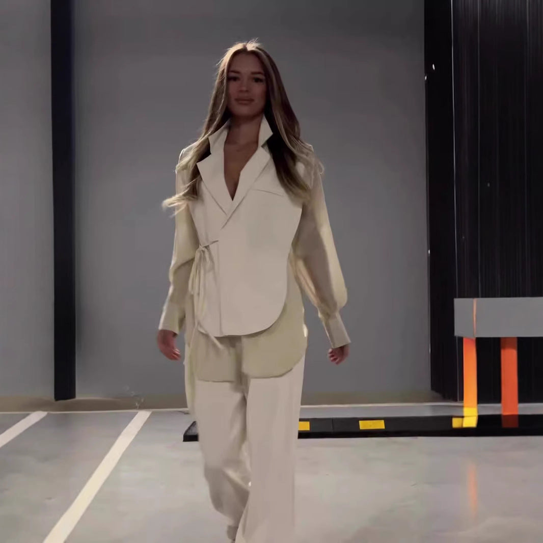 Dames Élégant ensemble de blazer enroulé avec pantalons larges Chic und Stil