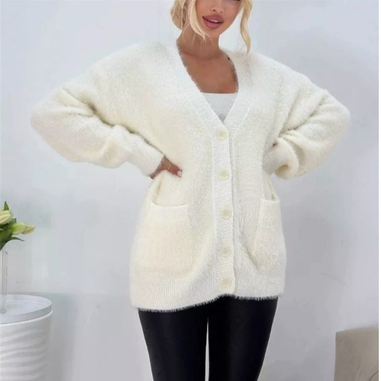 Dames Cardigan en peluche avec grandes poches et coupe décontractée Chic und Stil