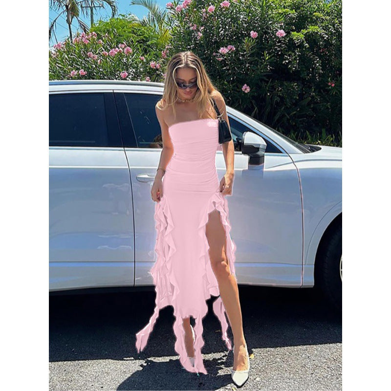 Femmes Élégante Robe Maxi Fendue avec Volants Chic und Stil