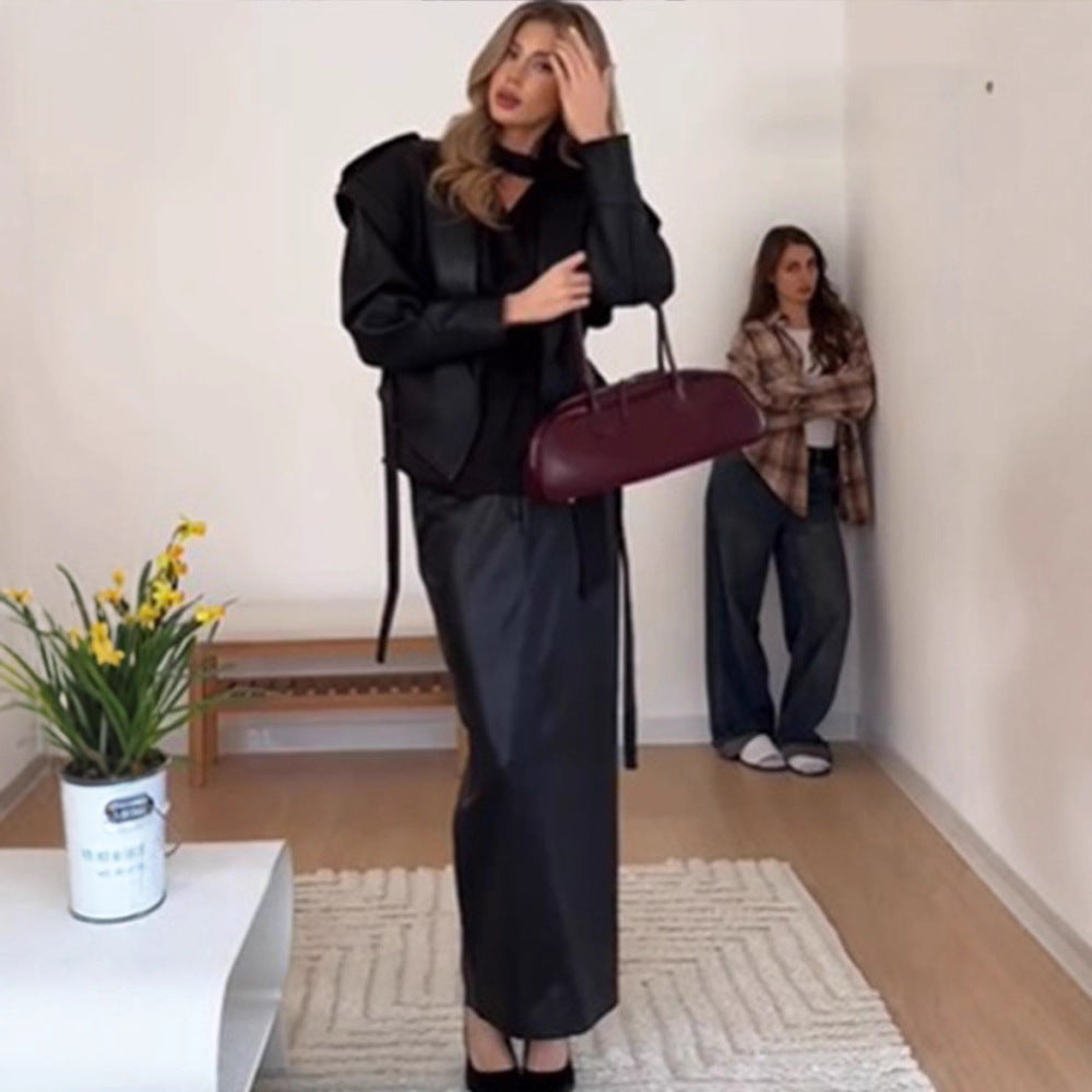 Dames élégante veste en simili cuir avec des manches volumineuses Chic und Stil