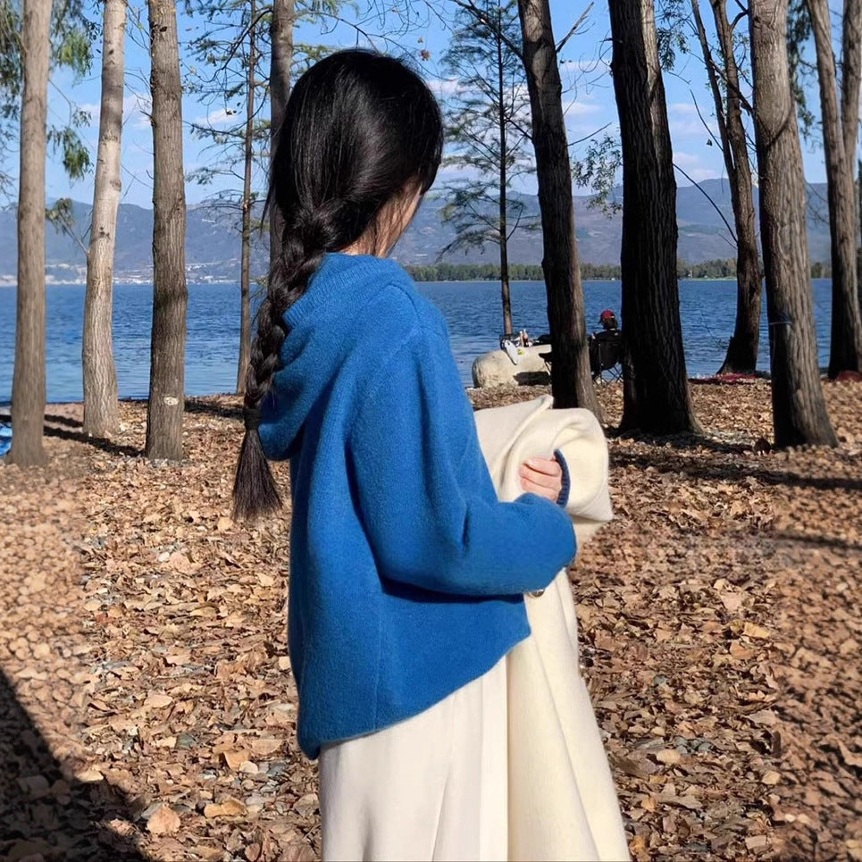 Knitted pullover for women with V-neck and hood Chic and Style