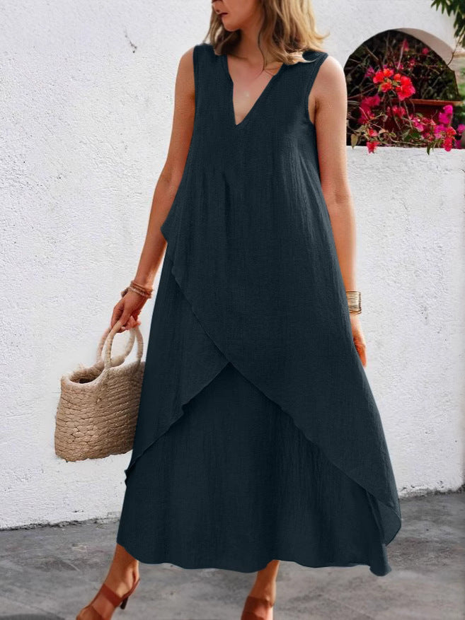 Robe maxi décontractée pour femmes avec volants superposés et décolleté en V moderne Chic und Stil