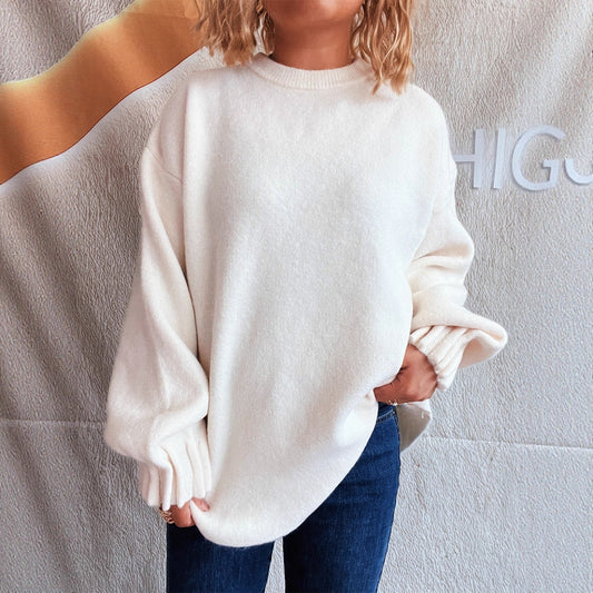 Pull en tricot décontracté pour femme avec col rond large et texture floconneuse Chic und Stil