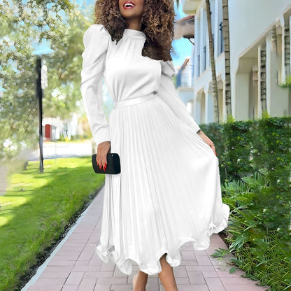 Dames Élégante Robe Midi avec Col Montant et Design Plissé Chic und Stil