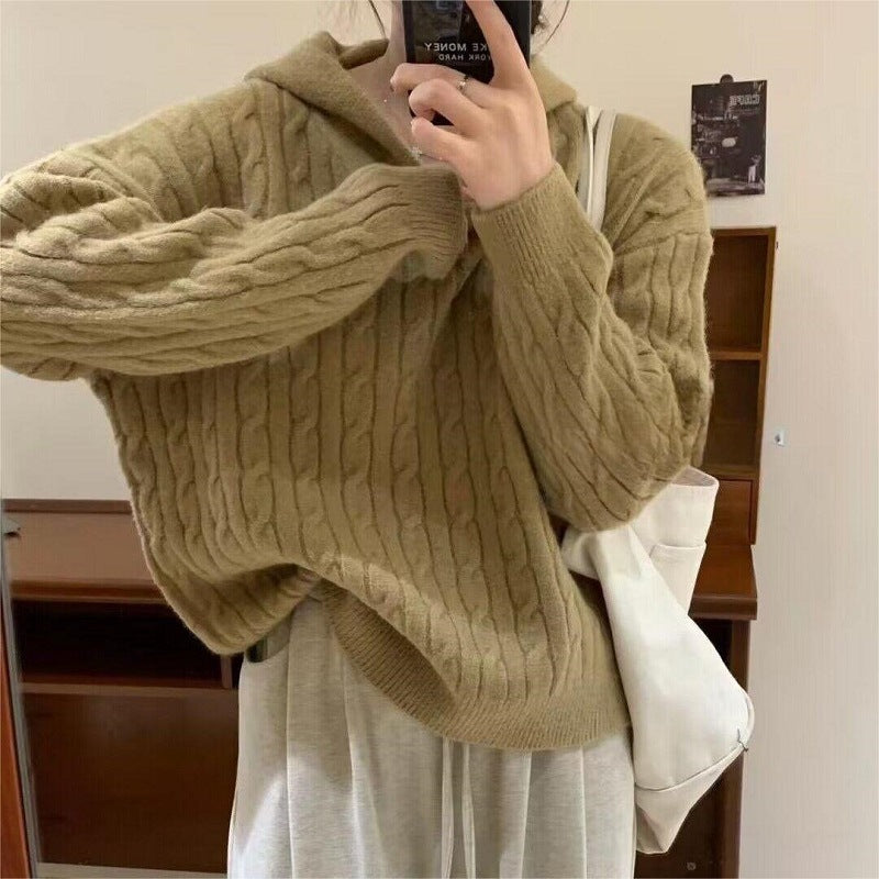 Pull en tricot douillet à capuche et motif en torsades pour femmes Chic und Stil
