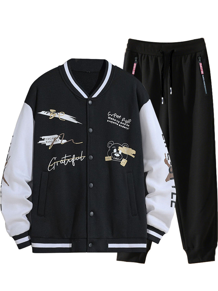 Men's College Style Sports Jacket Set and Jogging Pants with Colorful Patterns Chic and Style