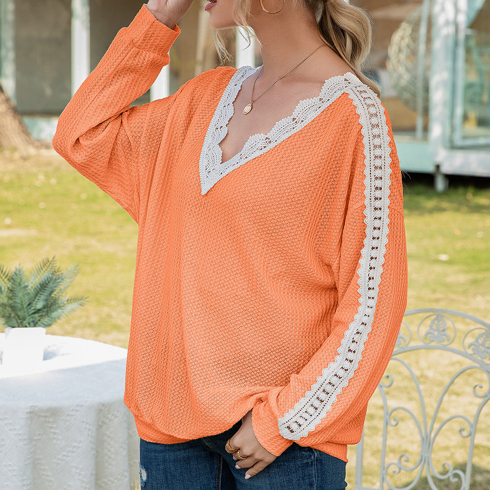 Pull décontracté pour femme avec dentelle et décolleté en V Chic und Stil