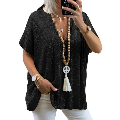 T-Shirt tunique paillettes glamour pour femmes avec décolleté en V Chic und Stil