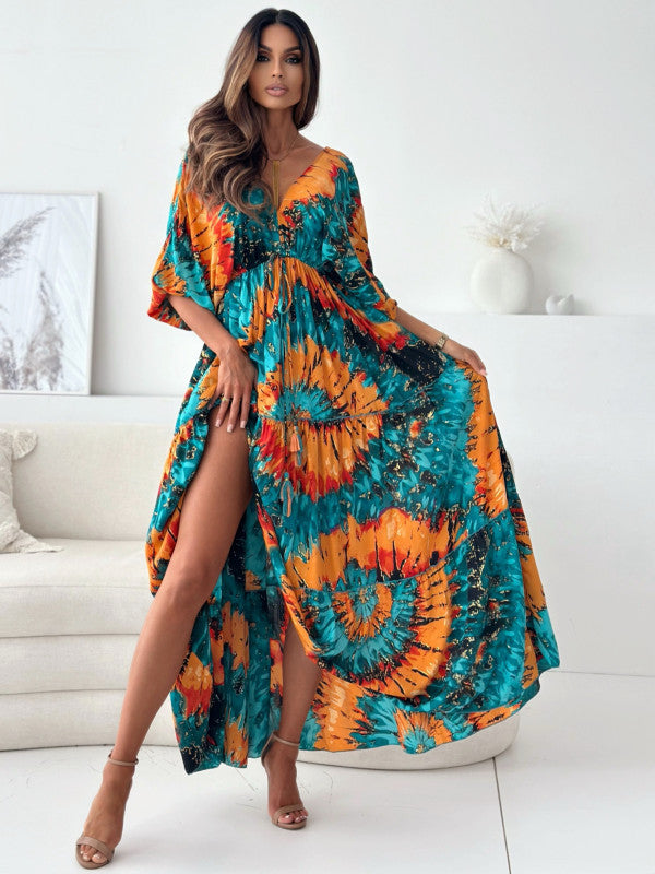 Robe maxi femme avec décolleté élégant au dos et manches volantées amples Chic und Stil