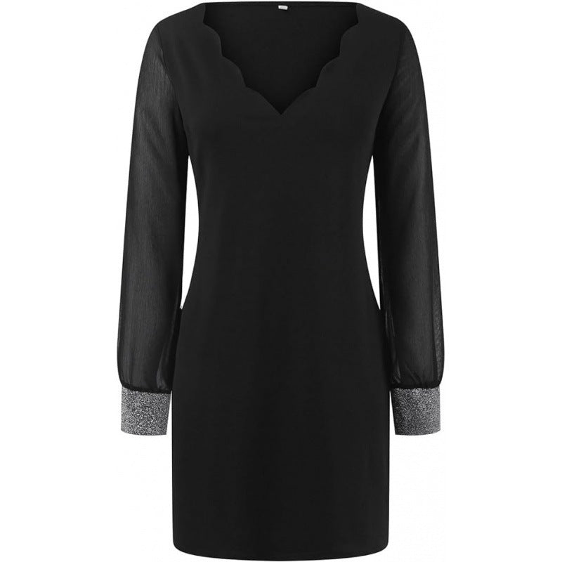 Dames Robe Mince Élégante à Col V avec Manches Longues Transparentes et Accents en Gemmes Chic und Stil
