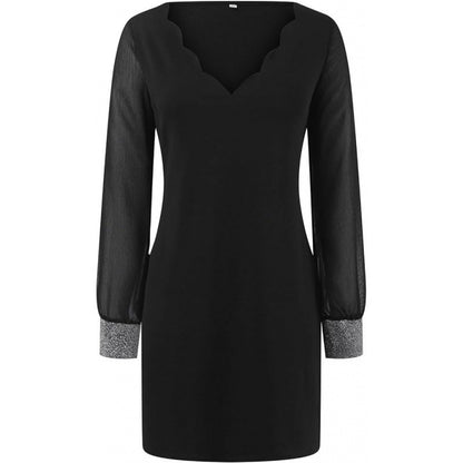 Dames Robe Mince Élégante à Col V avec Manches Longues Transparentes et Accents en Gemmes Chic und Stil