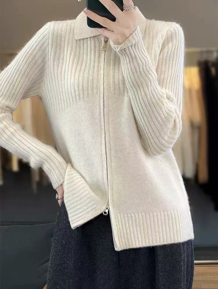 Cardigan tricot confortable pour femmes avec fermeture éclair et patron côtelé fin Chic und Stil