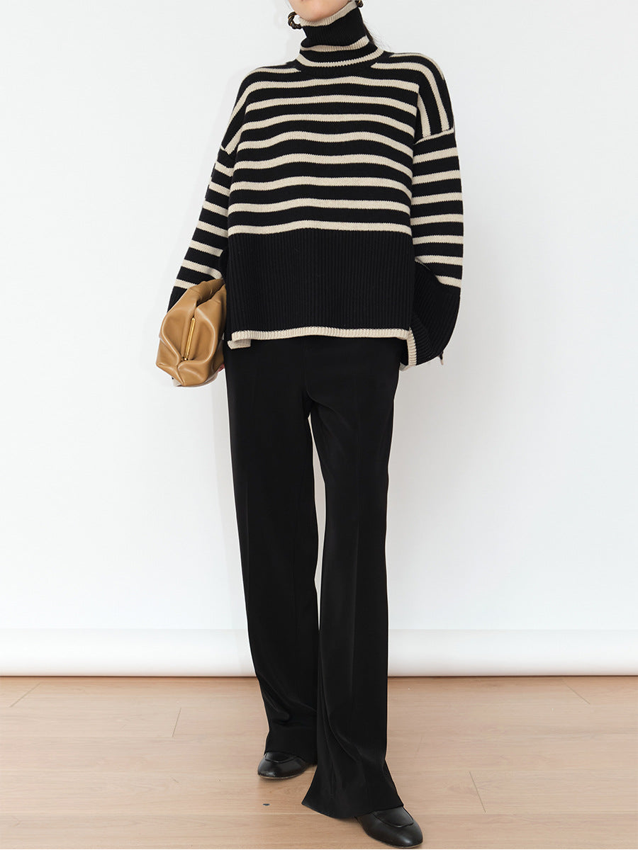 Dames pull en tricot décontracté avec rayures et col montant Chic und Stil