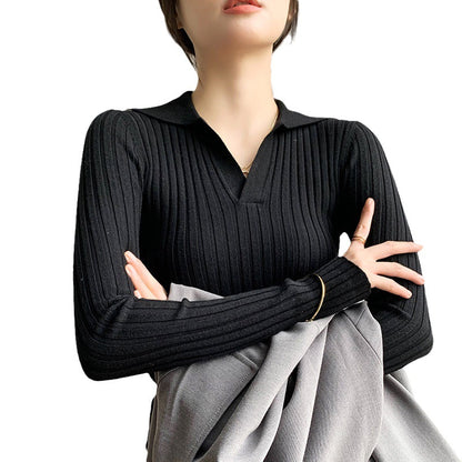 Pull en maille côtelée pour femmes avec col et décolleté en V Chic und Stil