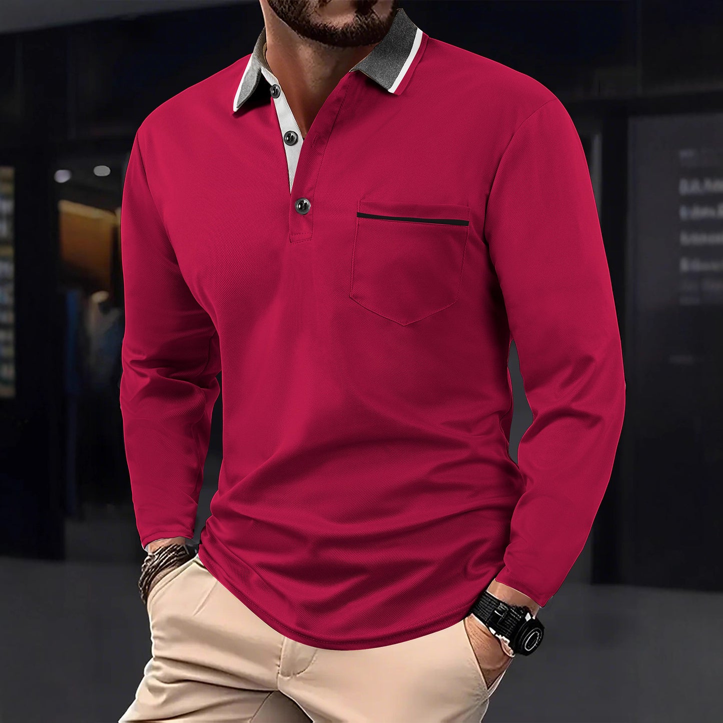 Men's long sleeve polo with textured collar and chest pocket Chic and Style