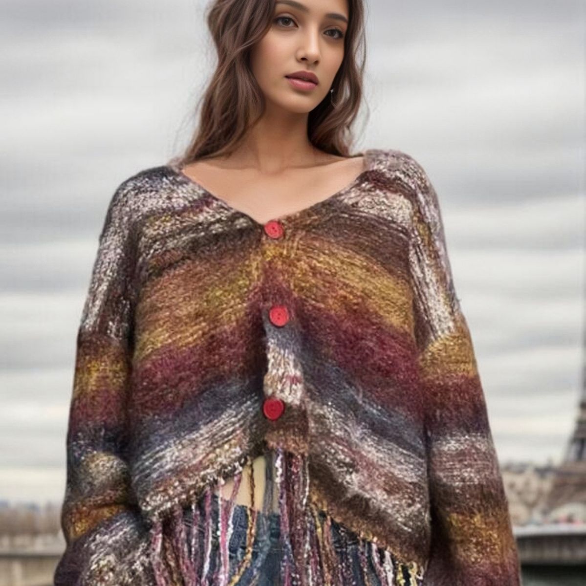 Dames Fransen Cardigan avec décolleté en V Chic und Stil