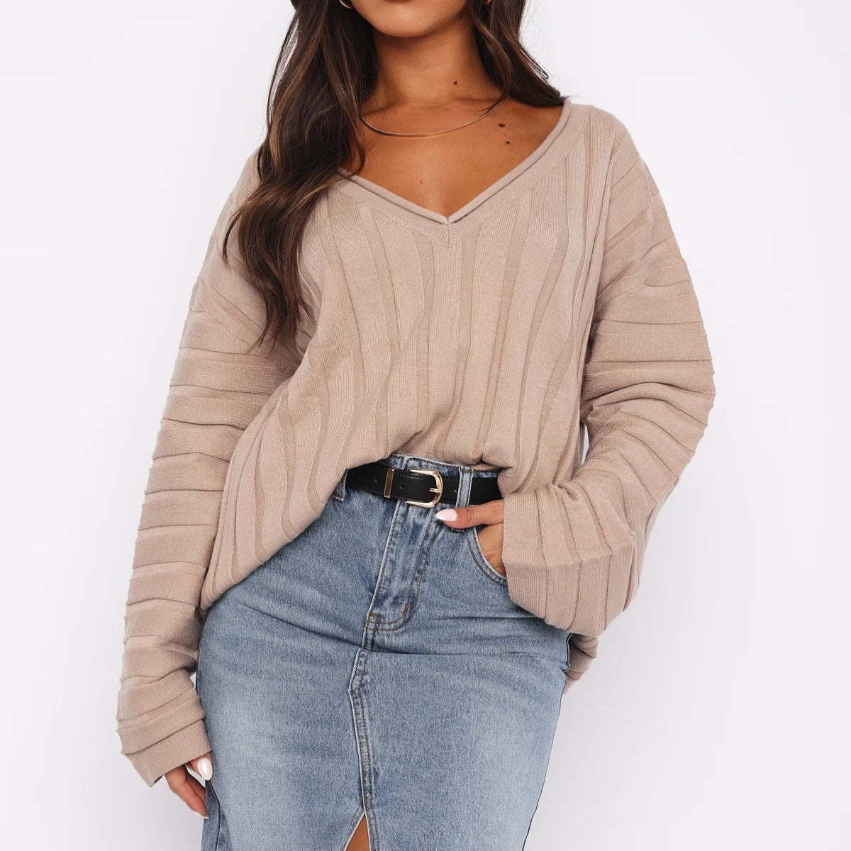 Dames Pull-over décontracté à col en V avec texture côtelée et manches larges Chic und Stil