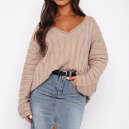 Dames Pull-over décontracté à col en V avec texture côtelée et manches larges Chic und Stil