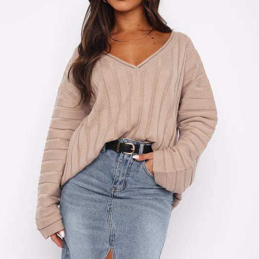 Dames Pull-over décontracté à col en V avec texture côtelée et manches larges Chic und Stil