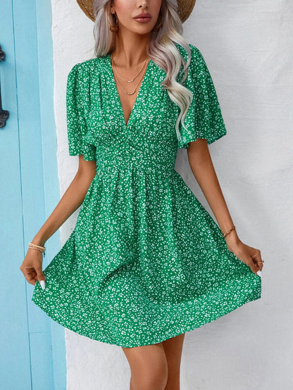 Women's Snowflake Pattern V-Neck Dress with Voluminous Sleeves and Elastic Waistband Chic und Stil