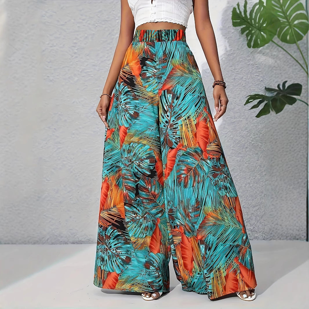 Palazzo Pants for Women with a Lively Palm Pattern and an Elastic High Waist Chic and Style