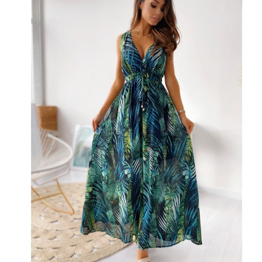 Robe maxi imprimé tropical pour femmes avec ceinture en tissu réglable Chic und Stil