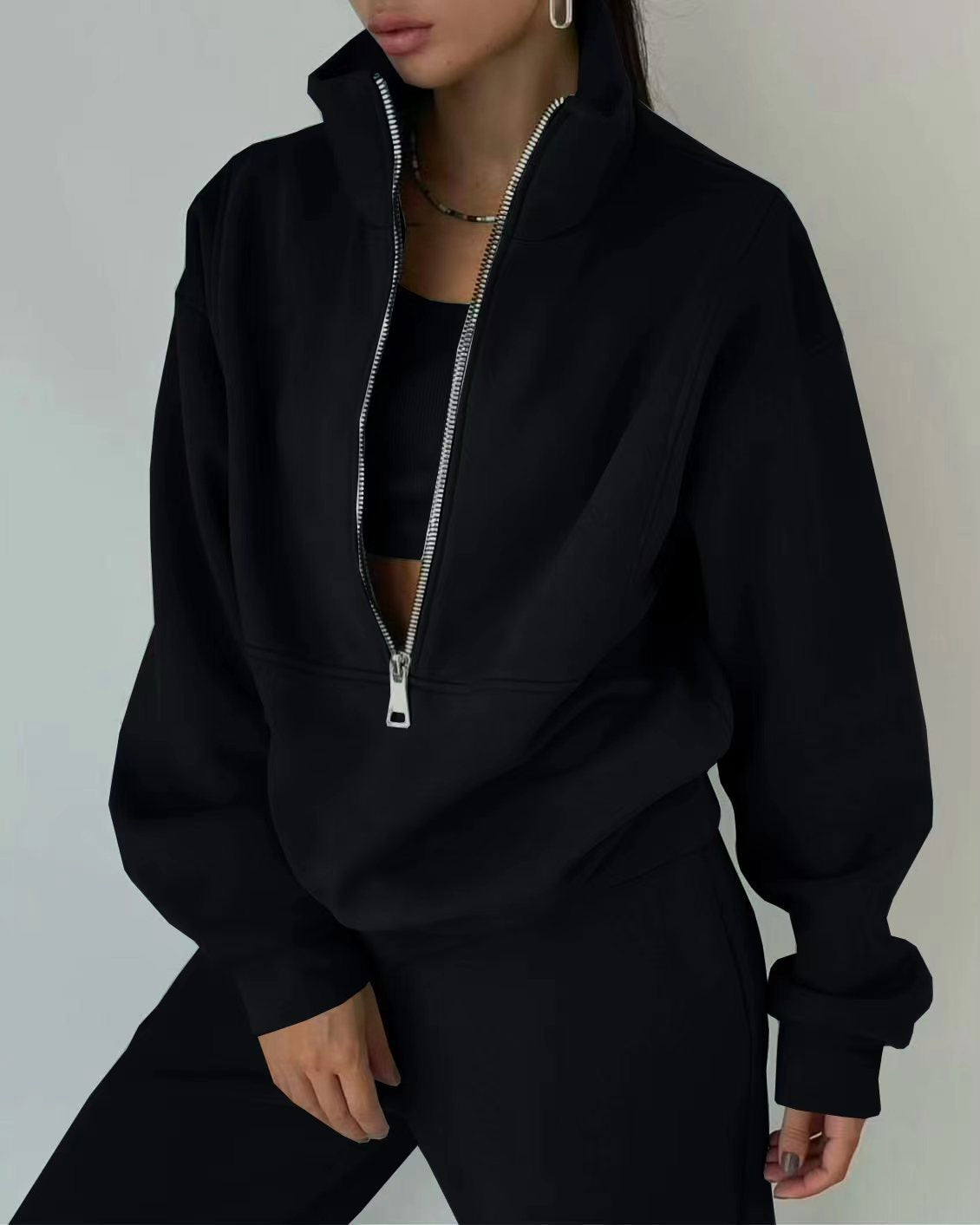 Dames Pull zippé de haute qualité avec col haut et intérieur doux Chic und Stil