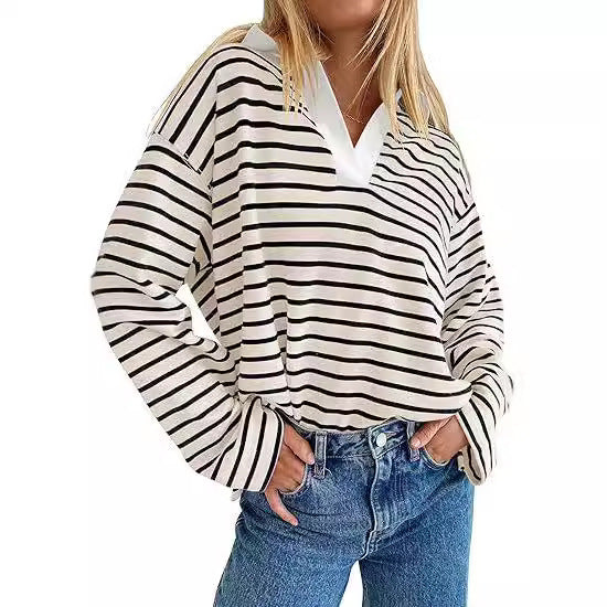 Pull d'été décontracté à rayures pour femmes avec décolleté en V et manches longues Chic und Stil