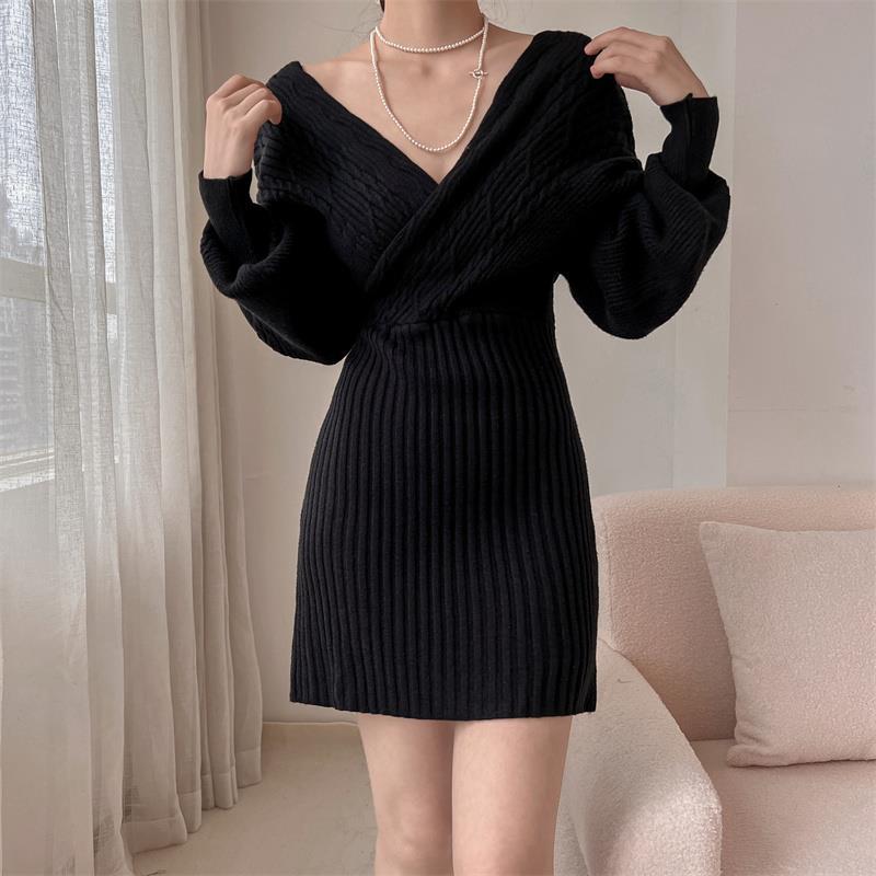 Dames Élégante robe en tricot avec décolleté en V et haut texturé Chic und Stil