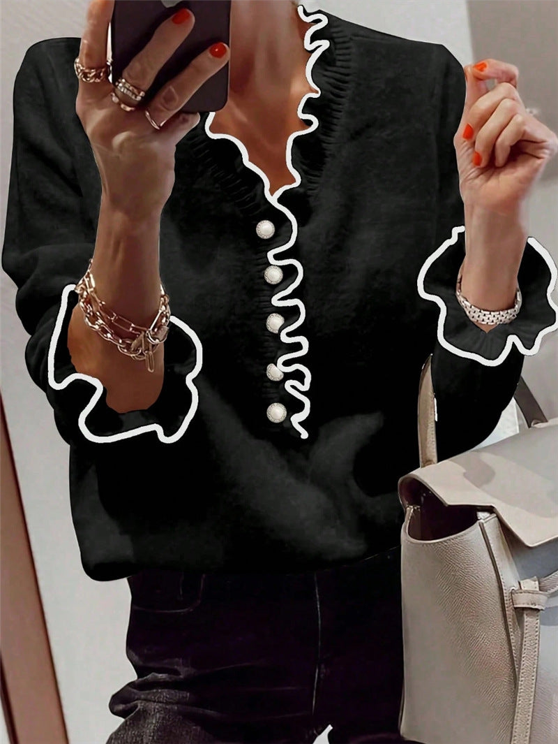 Dames élégant sweat-shirt avec détails froncés et boutons en perles Chic und Stil