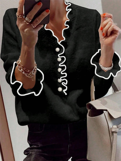 Dames élégant sweat-shirt avec détails froncés et boutons en perles Chic und Stil