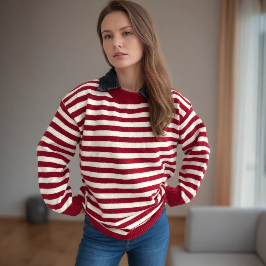 Pull décontracté pour dames avec motif rayé structuré et col à la mode Chic und Stil