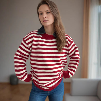 Pull décontracté pour dames avec motif rayé structuré et col à la mode Chic und Stil