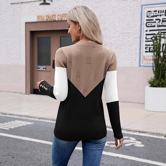 Pull à col en V tendance pour femmes avec bloc de couleur et détails de boutons Chic und Stil