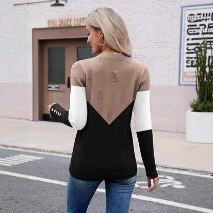 Pull à col en V tendance pour femmes avec bloc de couleur et détails de boutons Chic und Stil